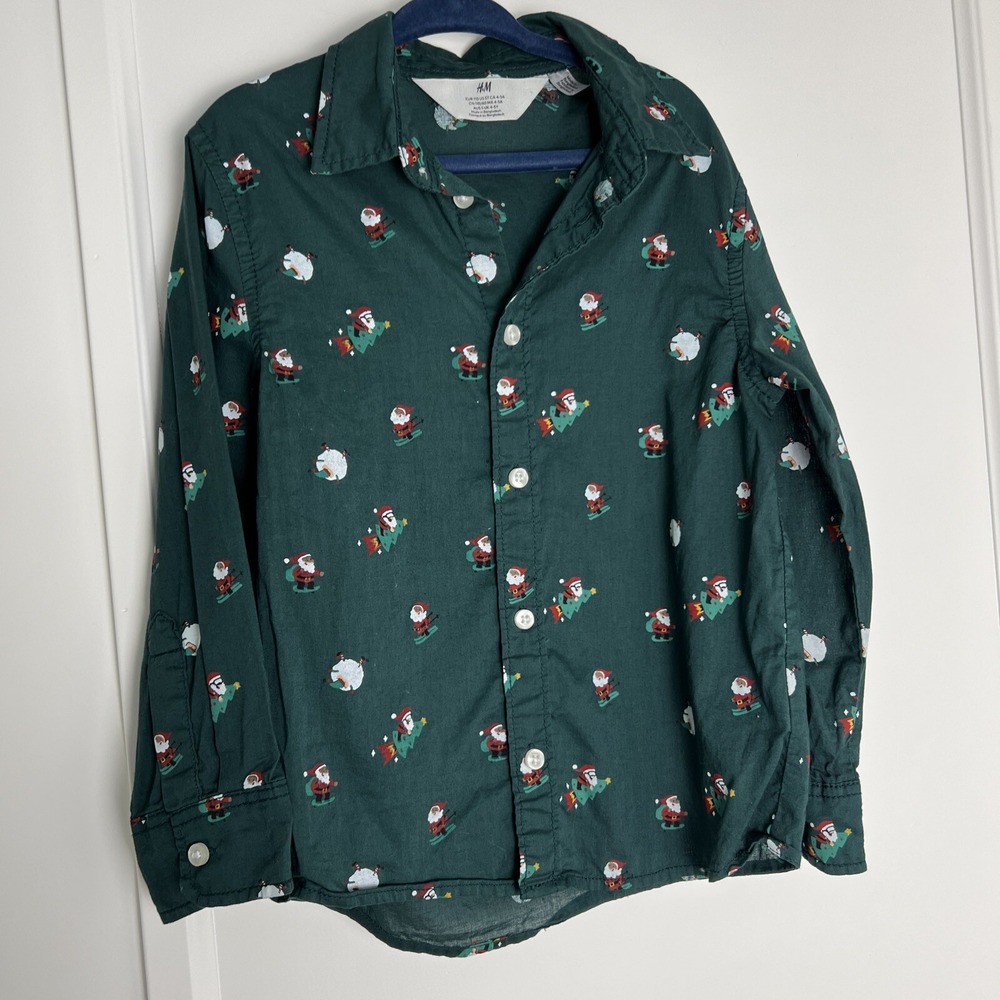 H & M 4-5 Y‎ Christmas Holiday Button Shirt Long Sleeves Santa Elves Candy Canes